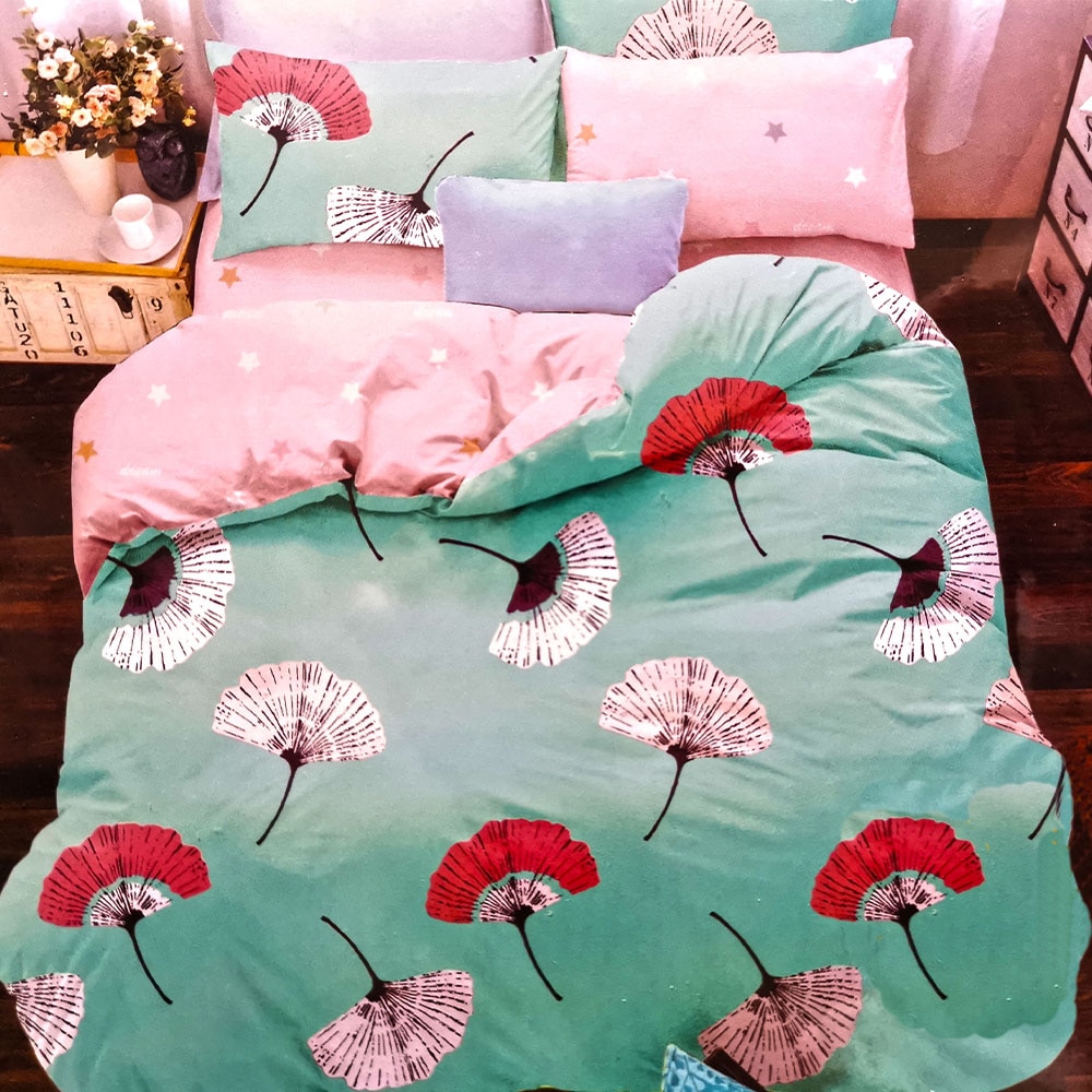 Lenjerie bumbac 6 piese verde cu flori fata dubla