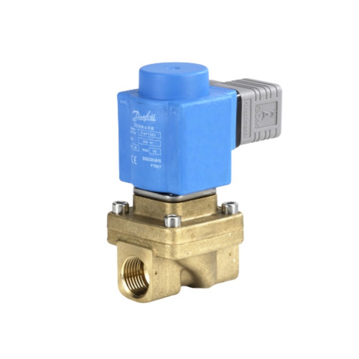 Elektromágneses szelep, Danfoss, EV250B típus, G3/8", DZR sárgaréz test, EPDM membrán, normál nyitott, 0-10bar, tekercs 230V/50Hz, IP65