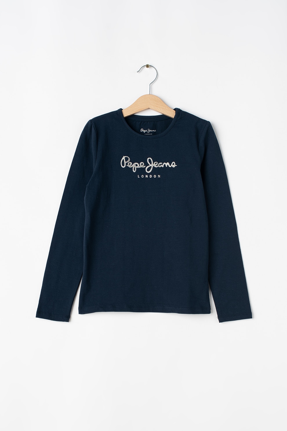 Pepe Jeans London, Bluza cu maneci lungi si logo stralucitor Hana, Bleumarin inchis/Argintiu