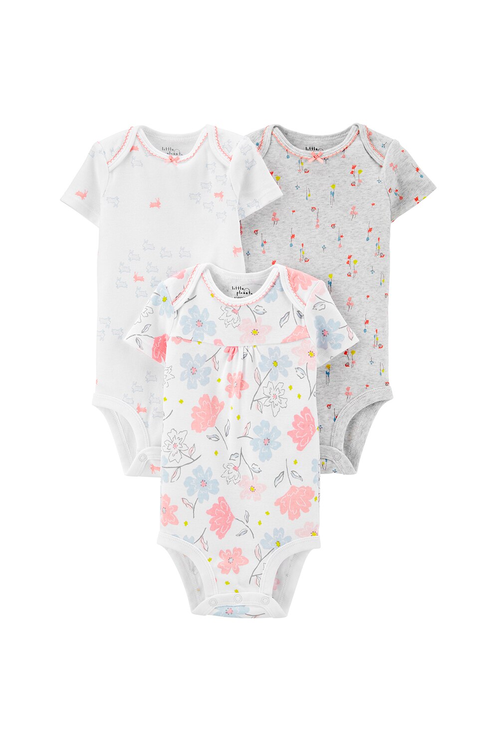 Carter's, Set de 3 body-uri din bumbac organic, Alb/Roz/Gri, Alb/Roz/Gri