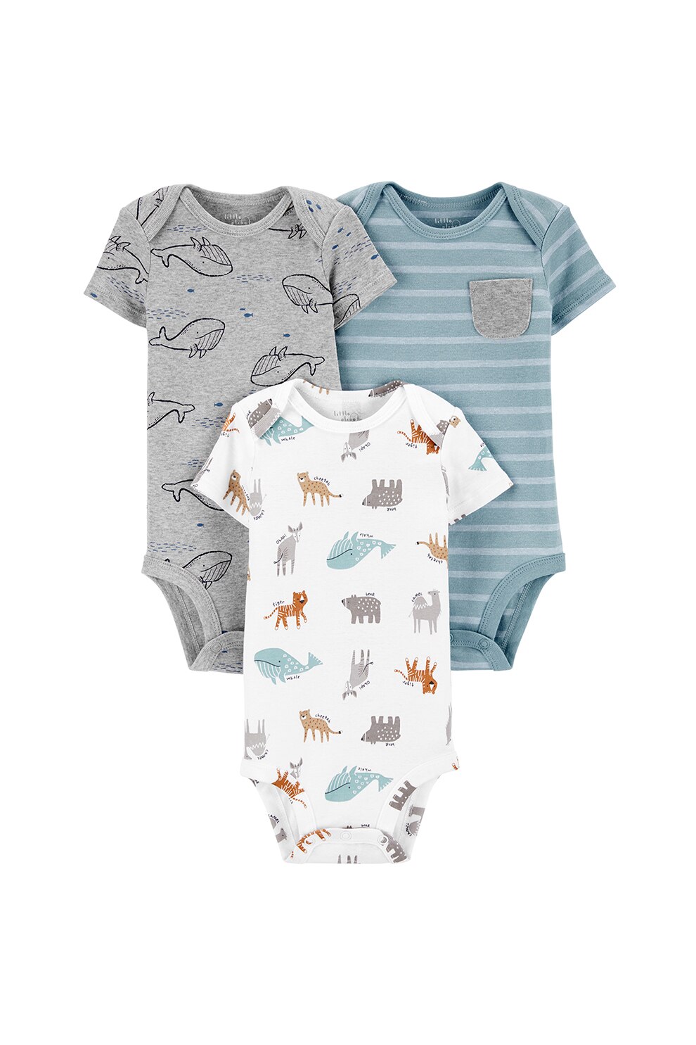 Carter's, Set de 3 body-uri din bumbac organic cu modele diverse, Gri/Albastru prafuit/Alb, Gri/Albastru prafuit/Alb, 49-55 CM