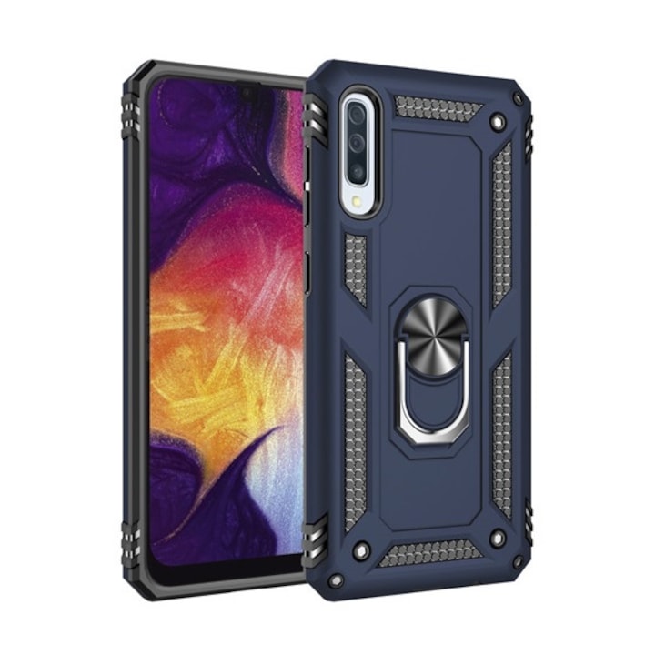 Samsung Galaxy A50s (SM-A507F) / Galaxy A30s (SM-A307F) / Galaxy A50 (SM-A505F) Gigapack defender műanyag telefonvédő (közepesen ütésálló, szilikon belső, telefontartó gyűrű, beépített fémlemez) sötétkék, gigapack csomagolás
