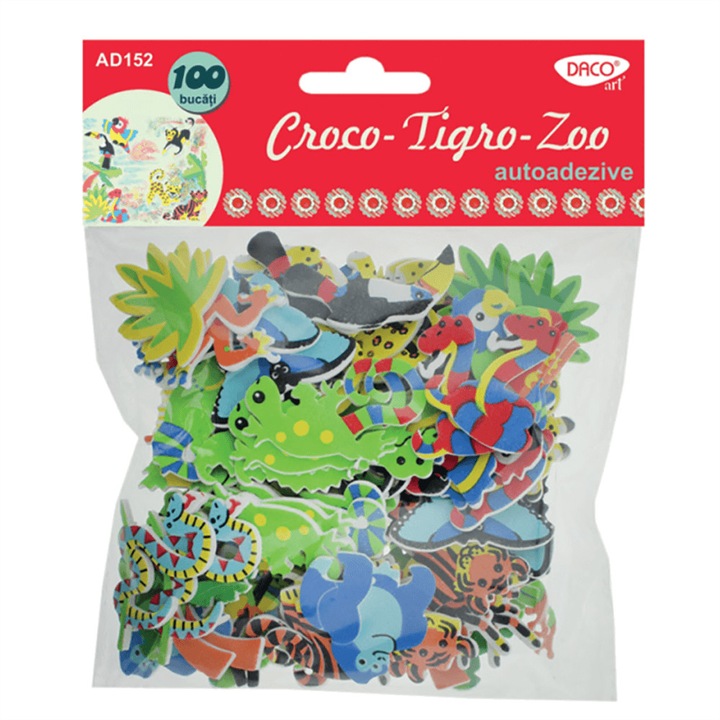 DACO Самозалепващи форми от пяна, модел Croco-Tigro-Zoo, променливи размери, 100 бр./компл., многоцветни