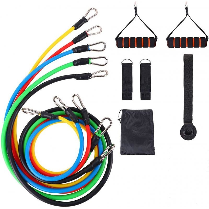 Set antrenament OEM, 11 piese, 5 benzi de rezistenta, Latex, Multicolor + Geanta transport