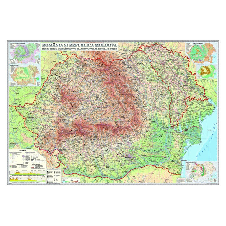 Harta Romania si Republica Moldova. Harta fizica editie 2007 Eurodidactica 1400x1000 mm fara sipci