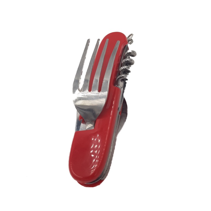 Briceag otel inoxidabil 7 functii cu lingura, furculita, rosu
