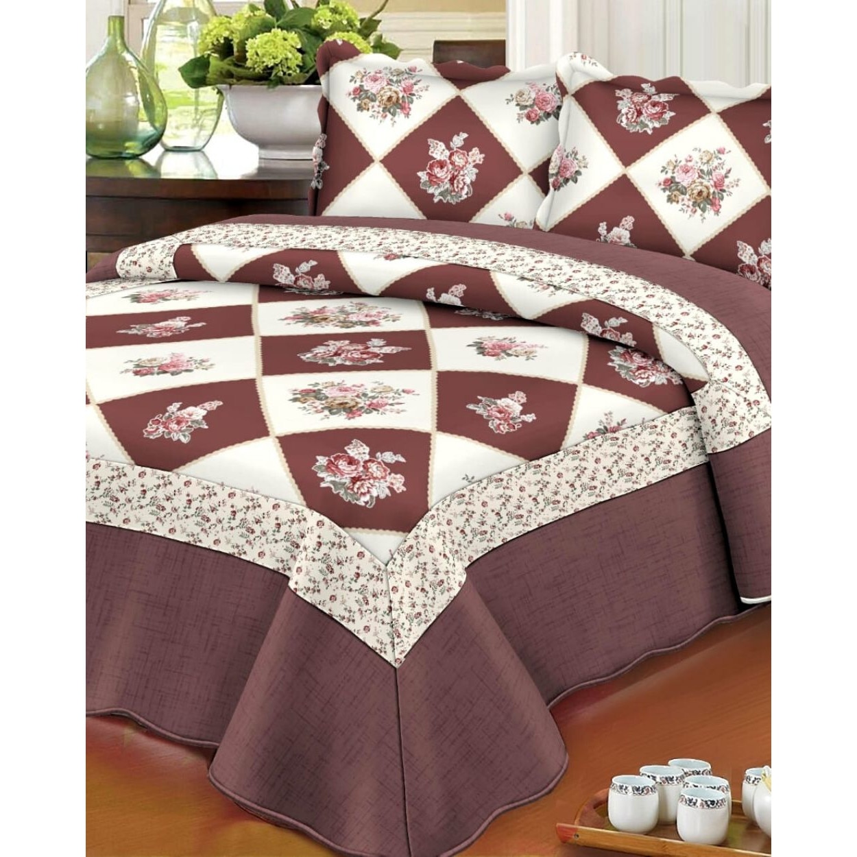 Cuvertura de Pat cu 2 Fete - 3 Piese - Pat 2 Persoane - Bumbac Satinat - Romburi cu Flori