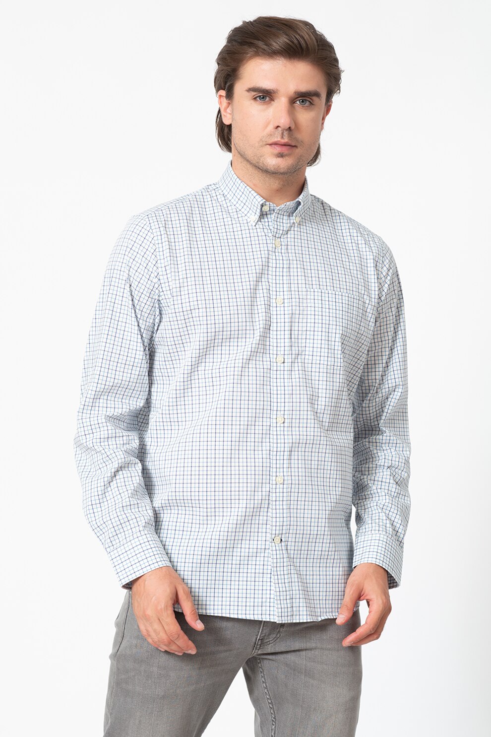 GAP, Camasa cu buzunar pe piept si model in carouri, Alb/Albastru, S