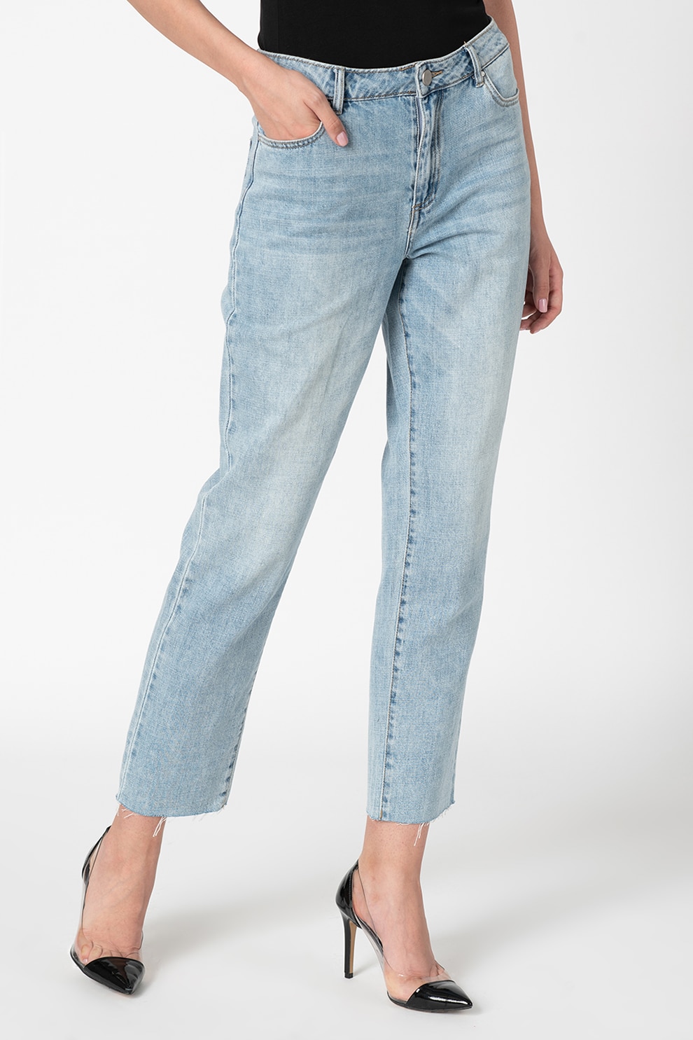Vila, Blugi crop mom fit cu 5 buzunare Rosabell, Bleu/Alb prafuit, S