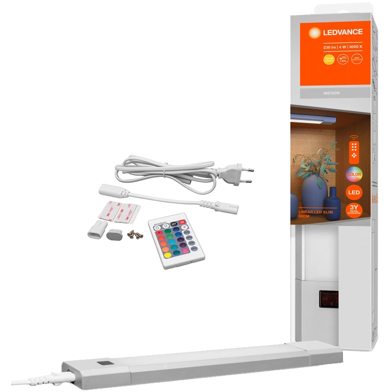 Aplica LED RGBW Ledvance Linear Slim, cu telecomanda, 4W, 230 lm, lumina alba/colorata, IP20, montaj aplicat, 300 mm, Gri