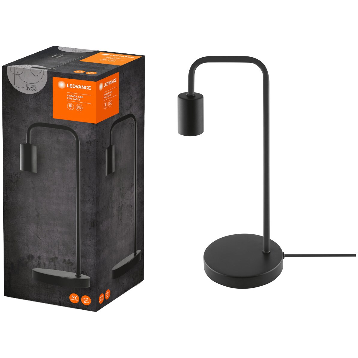 Veioza Ledvance 1906 Pipe Table, E27, 40W, 220-240V, IP20, 375 mm, Otel, Negru