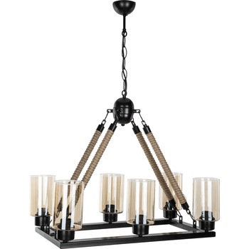 Corp de iluminat Lotus cu 6 becuri din metal de culoare neagra acoperit cu franghie Corp de iluminat Lotus cu 6 becuri din metal de culoare neagra acoperit cu franghie