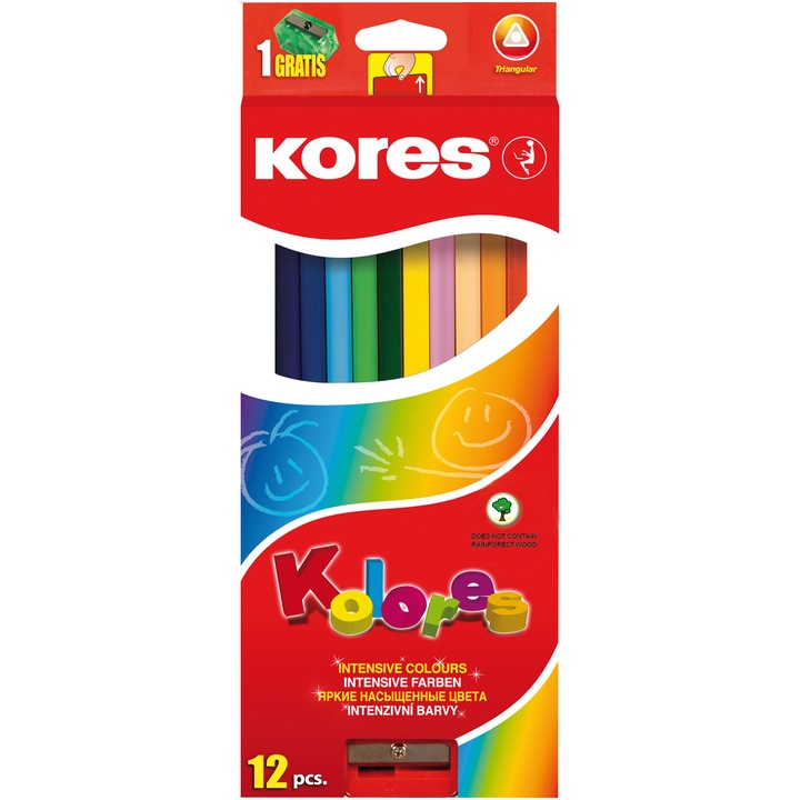 Creioane colorate Kores, triunghiulare, 12 culori/set, cu ascutitoare