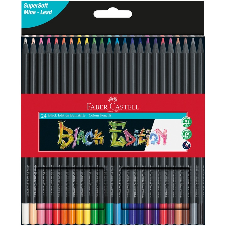 Creioane colorate Faber-Castell Black Edition, 24 culori/set