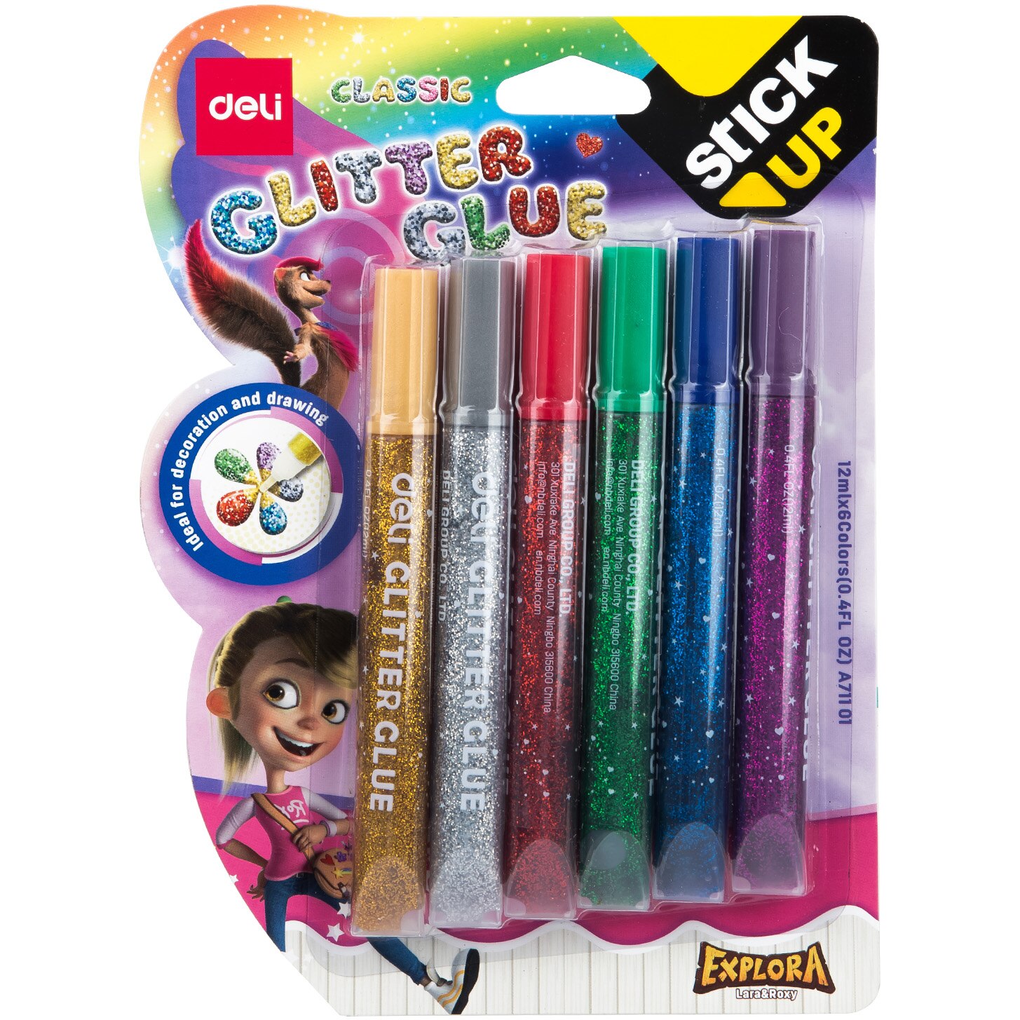 Lipici lichid Deli Glitter, 12 ml/culoare, 6 culori clasice