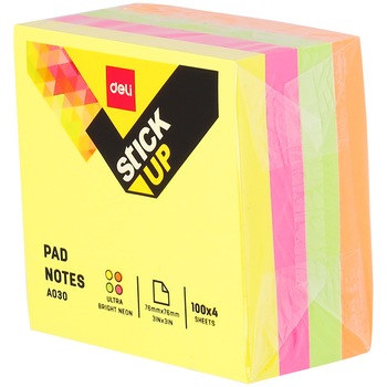 Notes adeziv Deli, 76 x 76 mm, 400 file, 4 culori neon Notes adeziv Deli, 76 x 76 mm, 400 file, 4 culori neon