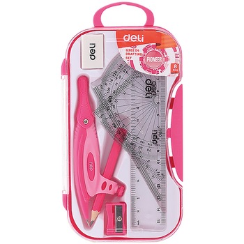 Trusa geometrie Deli, 7 piese/cutie plastic, roz Trusa geometrie Deli, 7 piese/cutie plastic, roz