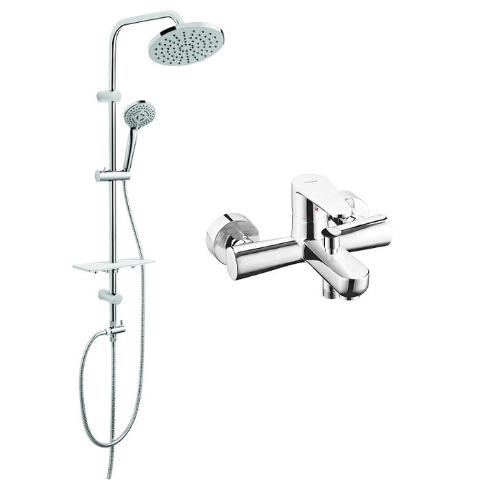 Pachet 2in1 coloana de dus Ferro Rondo Lux si baterie cada/dus Algeo, crom