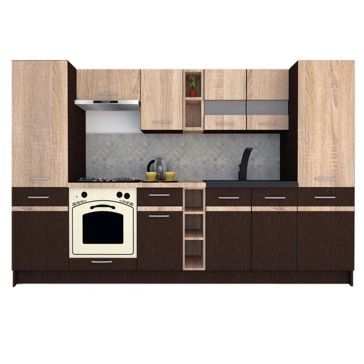 Set Bucatarie Marina New 300 A, Wenge / Stejar Sonoma, 300 x 195,5 x 60 cm