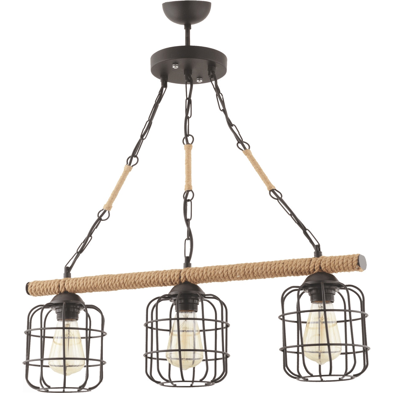 Corp de iluminat Dora cu 3 becuri din metal de culoare neagra, acoperit cu franghie