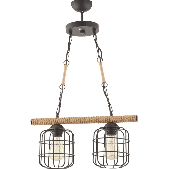 Corp de iluminat Dora cu 2 becuri din metal de culoare neagra, acoperit cu franghie