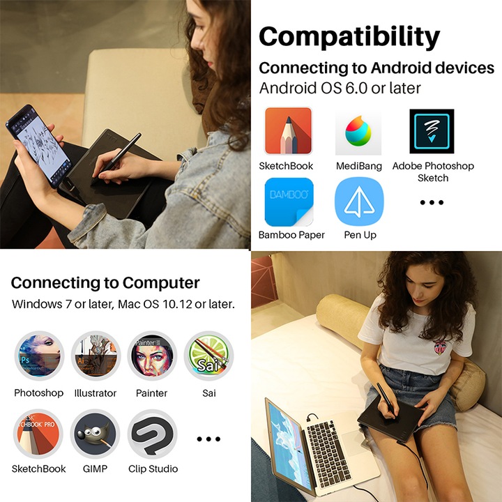 Графичен таблет Huion HS64 , 6.3x4 ", Съвместим с Windows, MacOS и Android, 4 клавишни комбинации, 266 PPS, 8192 нива на налягане, PW100 Pen без батерия, Включва 8 накрайника, Цифров подпис