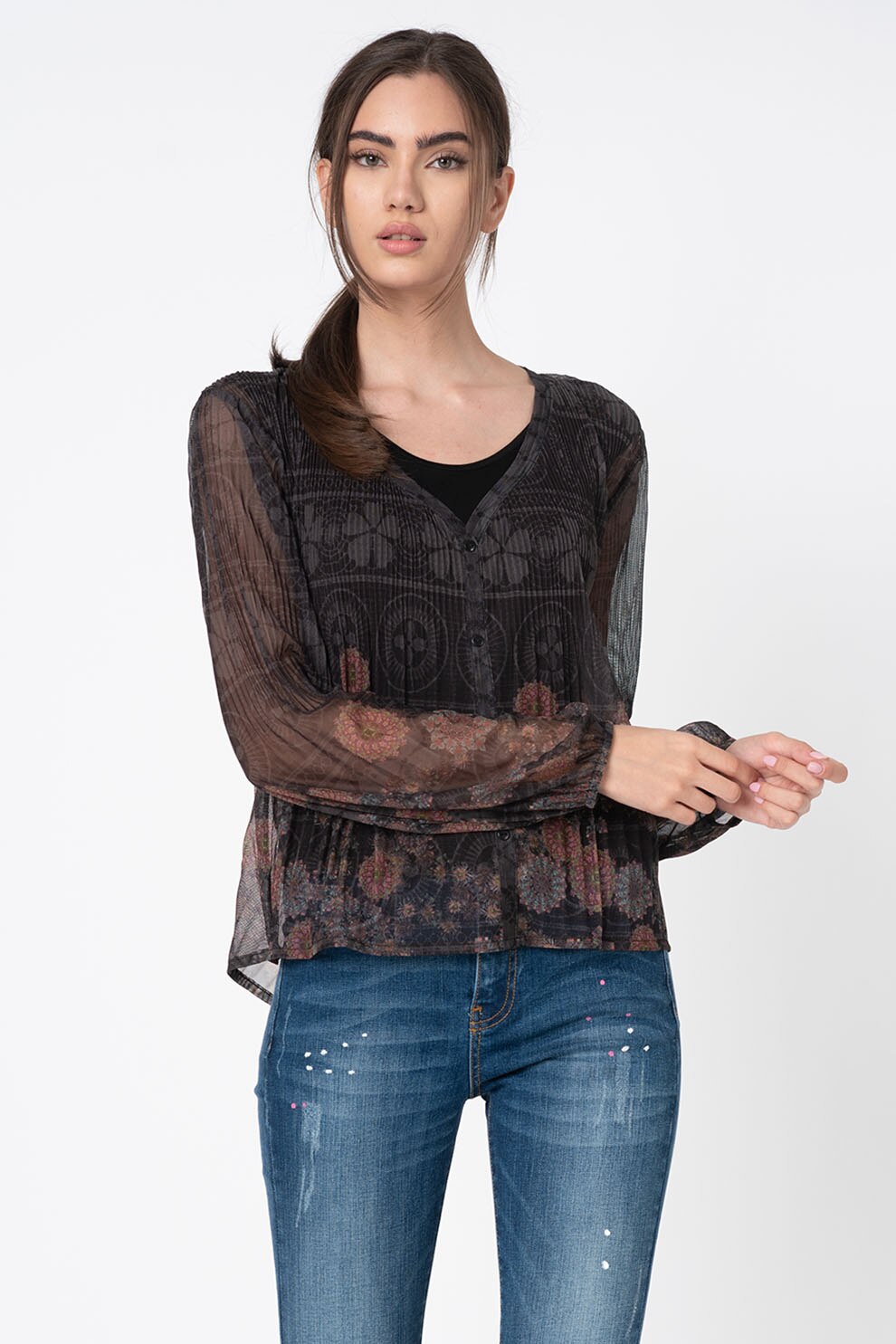 DESIGUAL, Bluza vaporoasa cu imprimeuri variate, Negru stins/gri inchis/roz prafuit, L