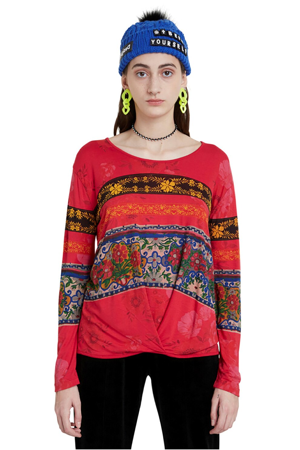 DESIGUAL, Bluza cu imprimeu grafic si fronseu, Rosu/Negru/Oranj, L