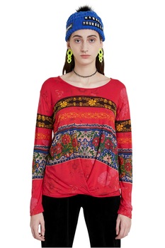 DESIGUAL, Bluza cu imprimeu grafic si fronseu, Rosu/Negru/Oranj, L DESIGUAL, Bluza cu imprimeu grafic si fronseu, Rosu/Negru/Oranj, L