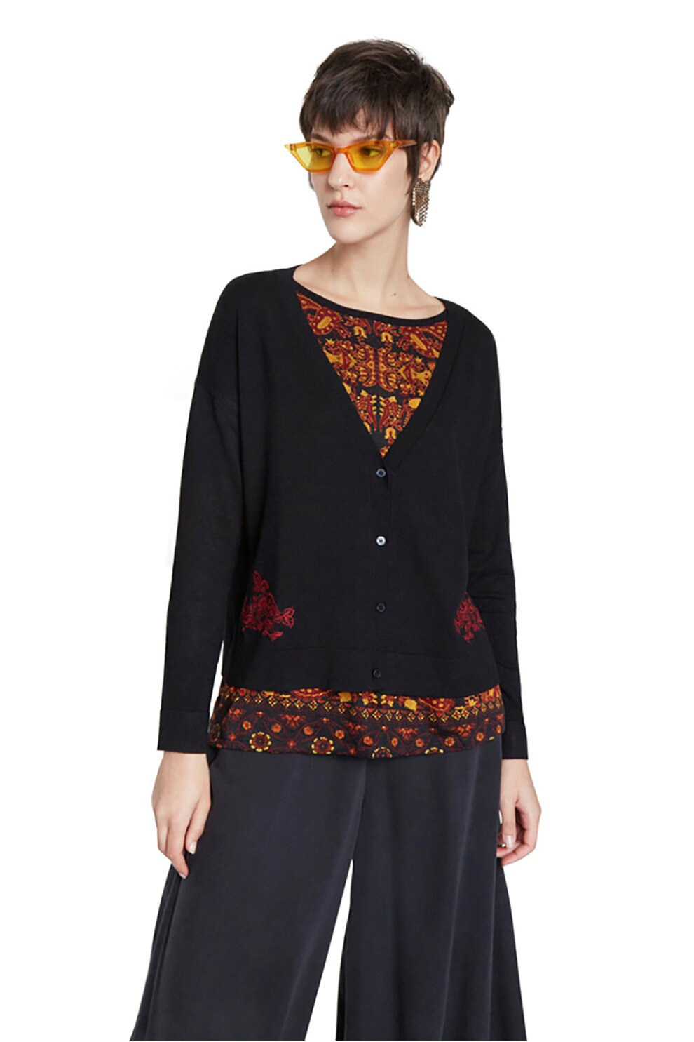 DESIGUAL, Cardigan cu decolteu in V si nasturi, Negru/Oranj stins