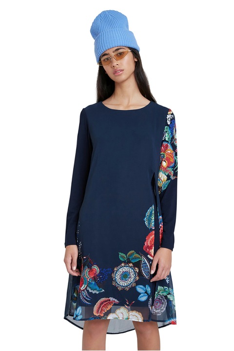 DESIGUAL, Rochie asimetrica cu maneci lungi, Rosu/Alb/Bleumarin