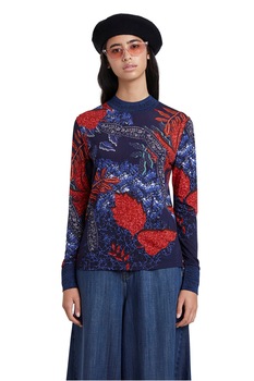 DESIGUAL, Bluza cu decolteu la baza gatului si imprimeu abstract, Bleumarin inchis/Oranj mandarina DESIGUAL, Bluza cu decolteu la baza gatului si imprimeu abstract, Bleumarin inchis/Oranj mandarina