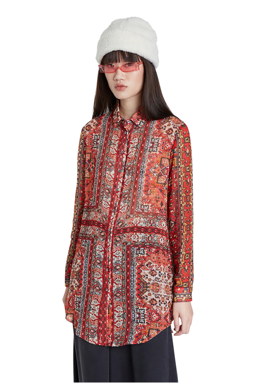 DESIGUAL, Camasa supradimensionata cu guler clasic, Oranj/Rosu/Alb