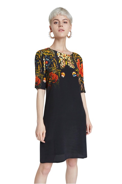 DESIGUAL, Rochie cu croiala dreapta si detalii florale, Negru/Galben/Portocaliu, S