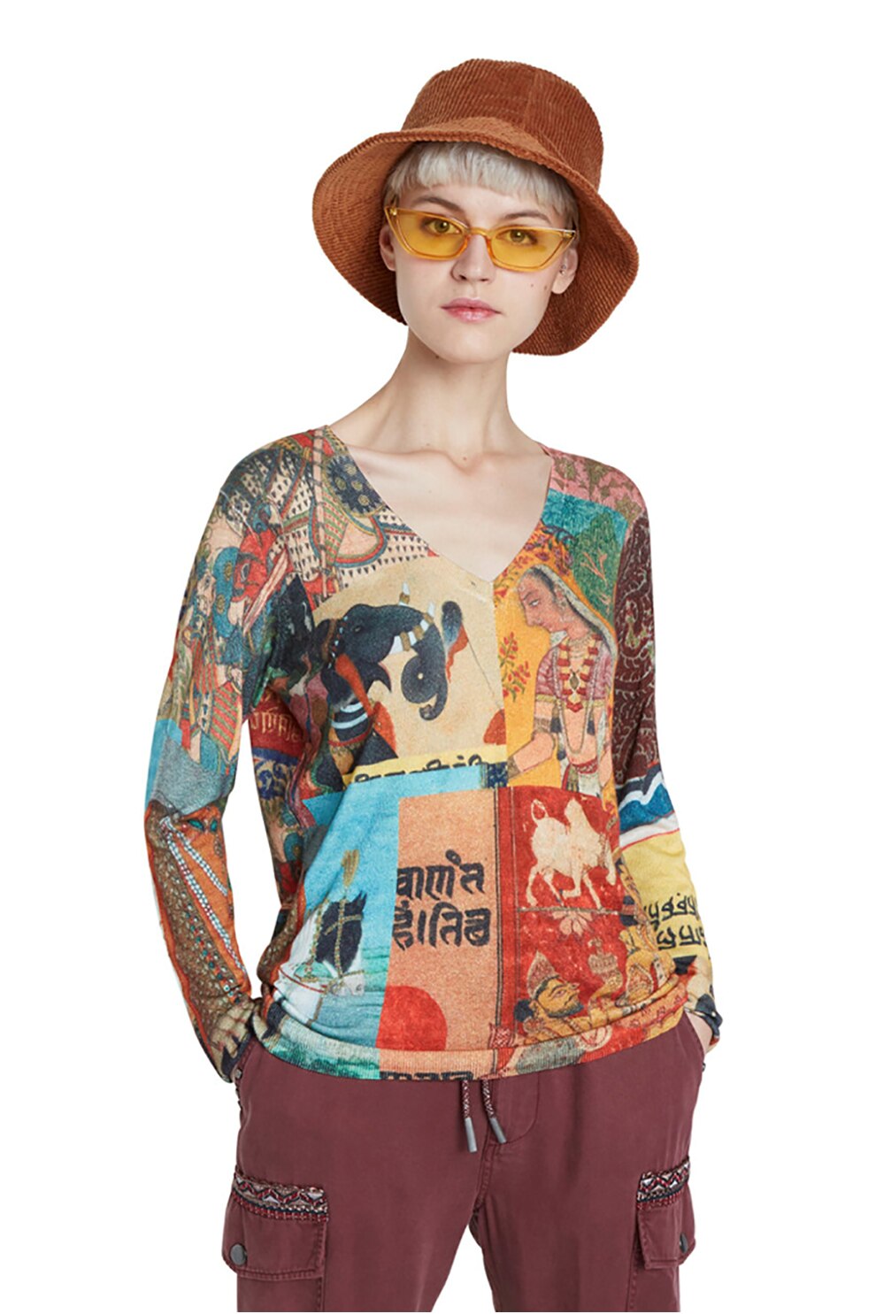 DESIGUAL, Bluza cu imprimeu si decolteu in V, Multicolora, S