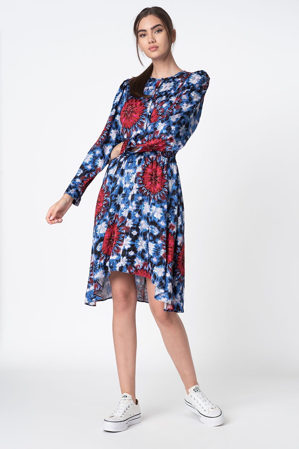 DESIGUAL, Rochie din viscoza cu imprimeu si terminatie asimetrica, Albastru/Alb/Rosu