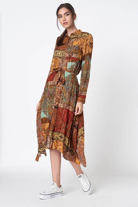 DESIGUAL, Rochie tip camasa cu imprimeu si cordon, Multicolor