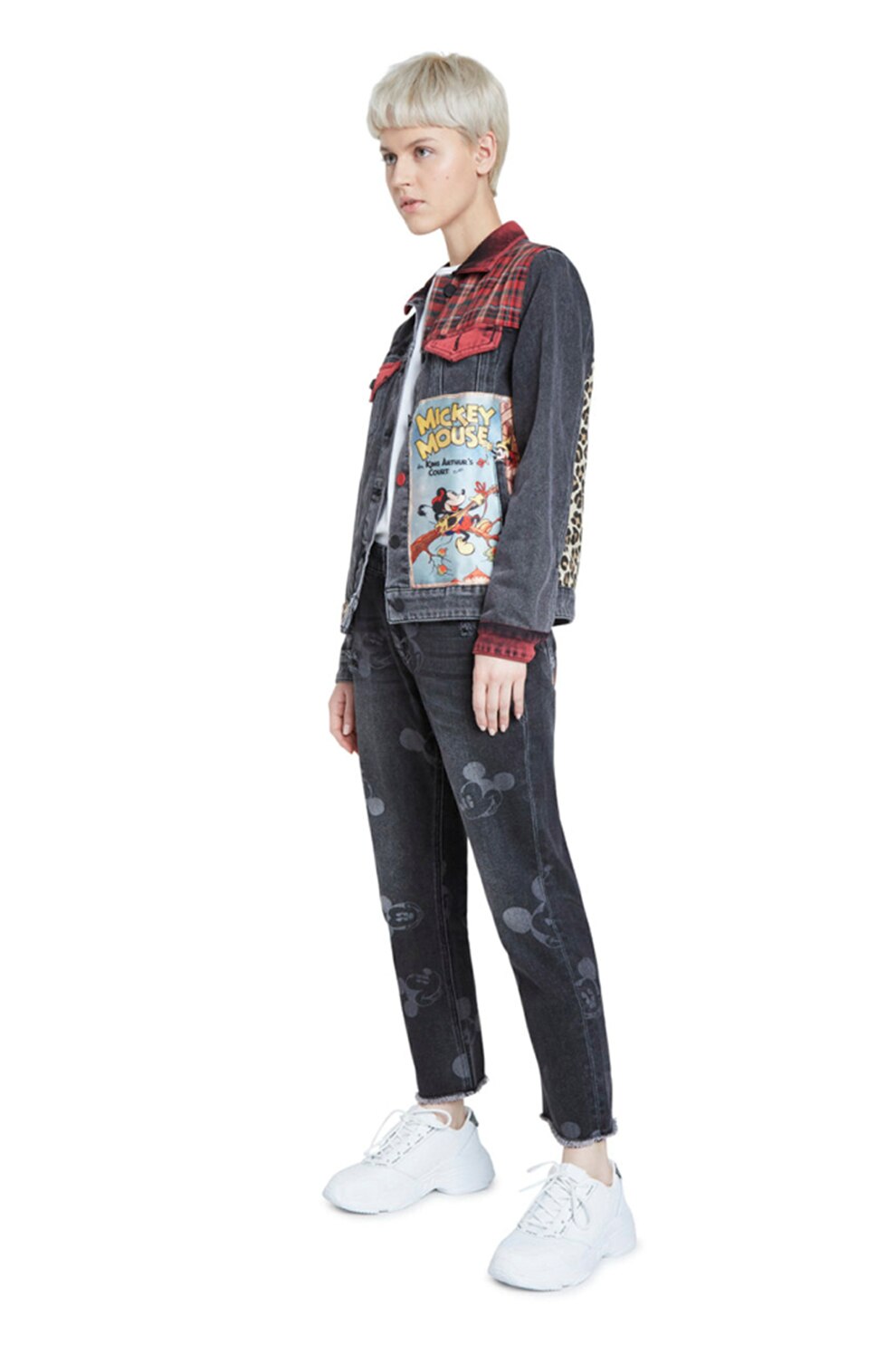 DESIGUAL, Jacheta de denim cu diverse imprimeuri, Gri inchis/Rosu, L