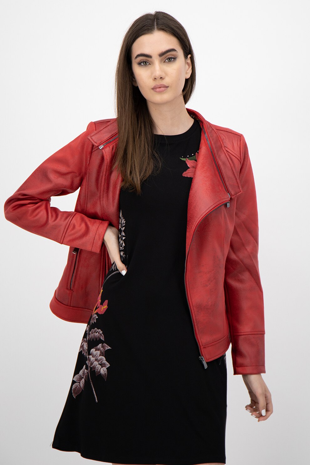 DESIGUAL, Jacheta biker din piele ecologica cu broderie, Rosu