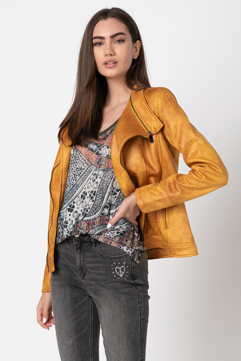 DESIGUAL, Jacheta biker din piele ecologica cu broderie, Oranj