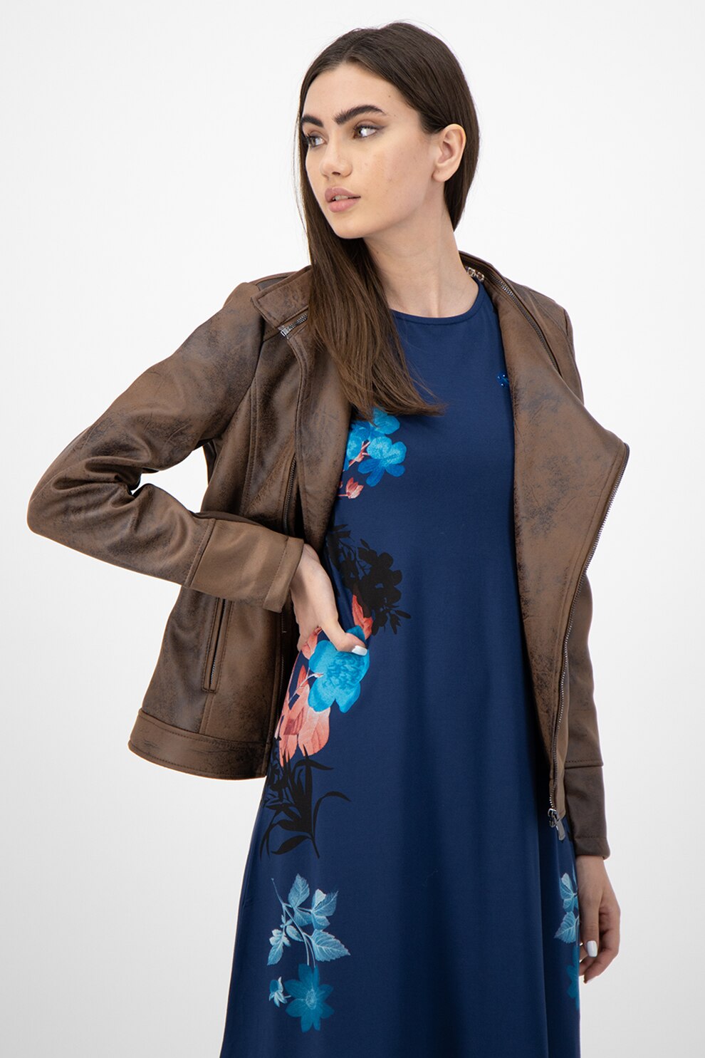 DESIGUAL, Jacheta biker din piele ecologica cu broderie, Maro