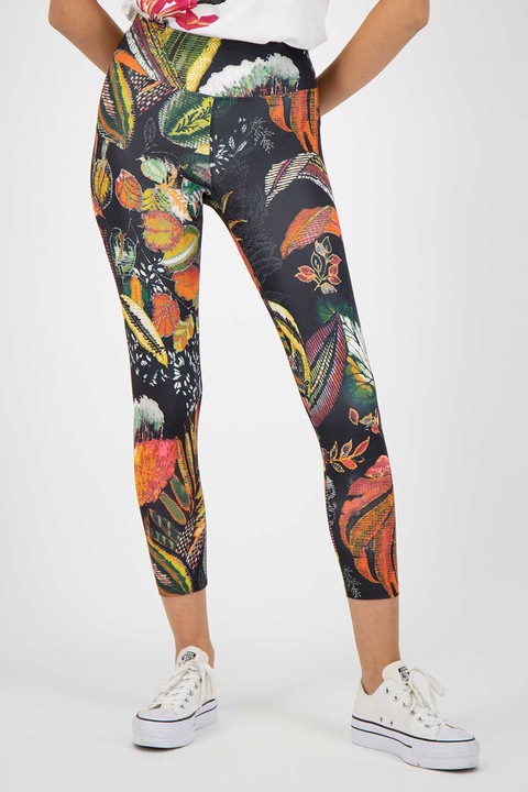 DESIGUAL, Colanti crop cu model vegetal, Verde/Portocaliu mandarina/Bleumarin, L