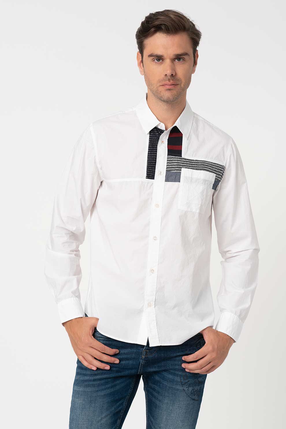 DESIGUAL, Camasa cu aplicatii contrastante Leon, Alb/Negru/Rosu Bordeaux, S