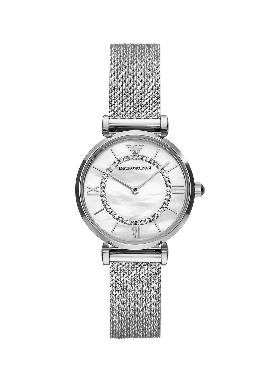 Emporio Armani, Ceas de otel inoxidabil cu o bratara cu model plasa, Argintiu/Alb