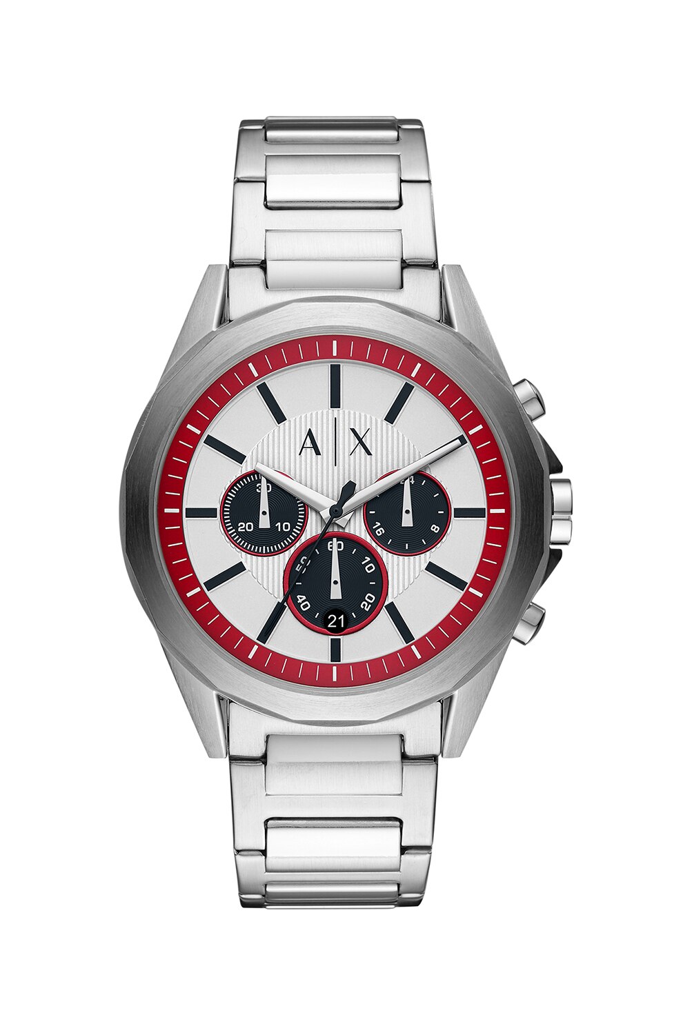 Armani Exchange, Ceas cronograf de otel inoxidabil, Argintiu/Rosu/Bleumarin