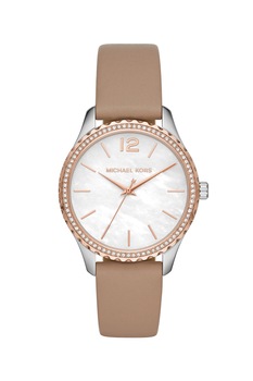 Michael Kors, Ceas analog cu o curea de piele, Auriu rose/Argintiu/Bej Michael Kors, Ceas analog cu o curea de piele, Auriu rose/Argintiu/Bej