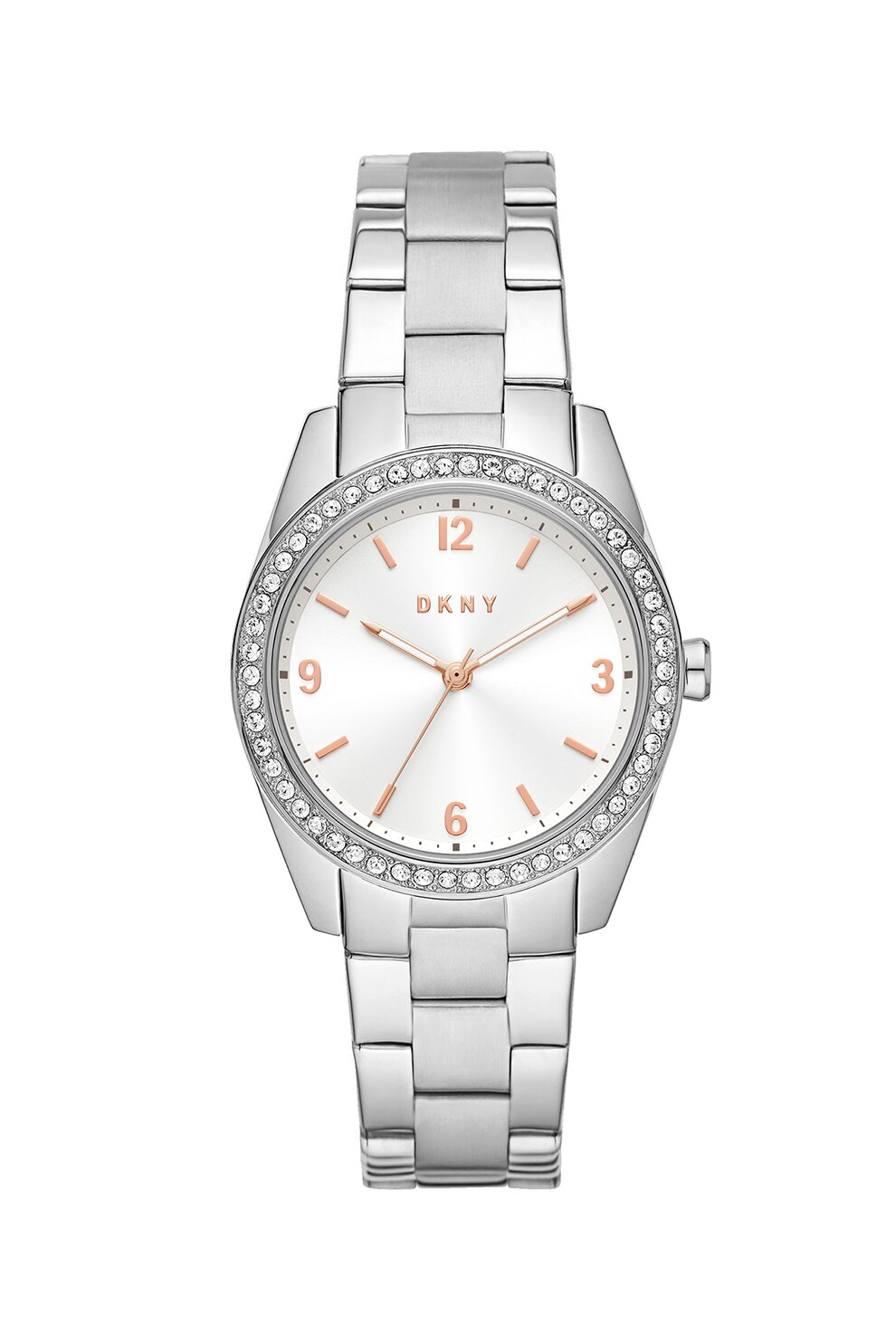 DKNY, Ceas analog cu coroana decorata cu cristale, Argintiu