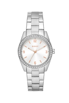 DKNY, Ceas analog cu coroana decorata cu cristale, Argintiu DKNY, Ceas analog cu coroana decorata cu cristale, Argintiu