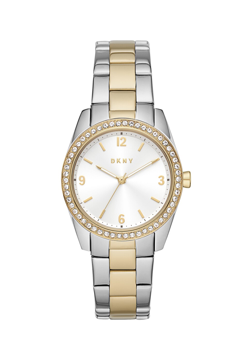 DKNY, Ceas analog cu coroana decorata cu cristale, Argintiu/Auriu