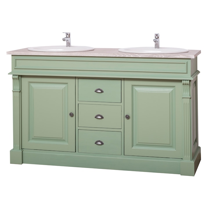 Fürdőszobai szekrény 2 mosdóhoz, díszes, fiókok sínekkel, tölgyfa teteje - a mosdók az ár részét képezik, szürke felső szín, zöld karosszéria szín, dupla tömörfa szín